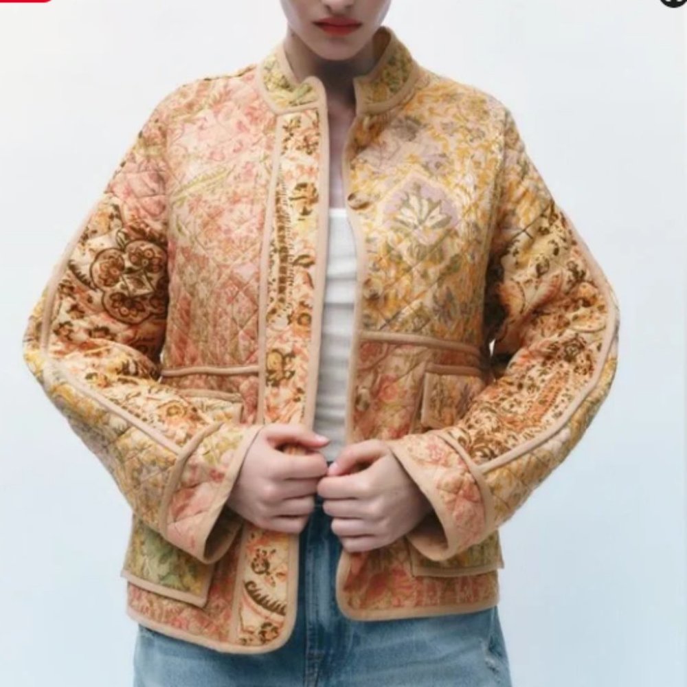 ZARA | Padded Jacquard Pink Quilt Jacket Size XS